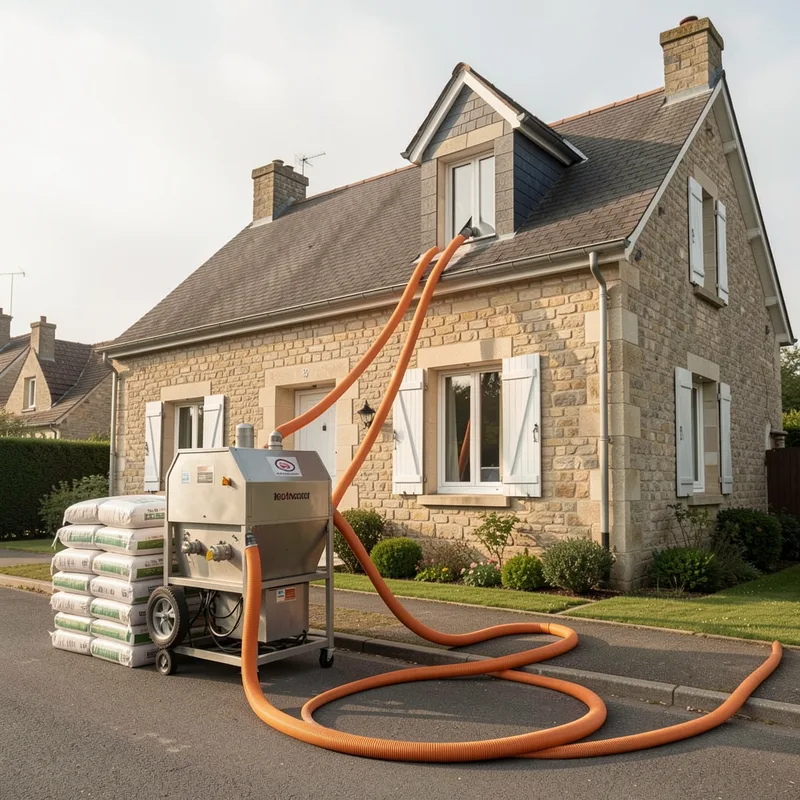 Machine à souffler l&rsquo;isolant et tuyau déroulé devant une maison en chantier