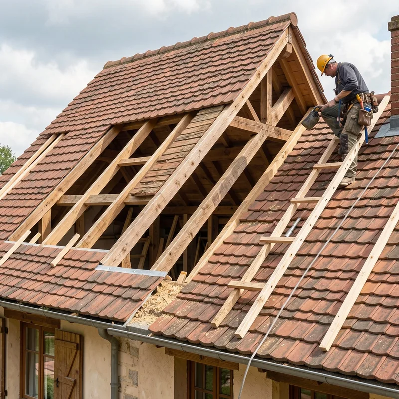 Couvreur posant des tuiles sur une toiture à Lyon