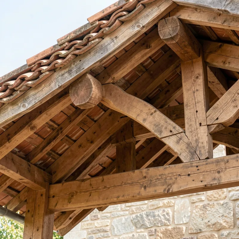 Charpentier inspectant les assemblages d&rsquo;une charpente ancienne en chêne à Lyon