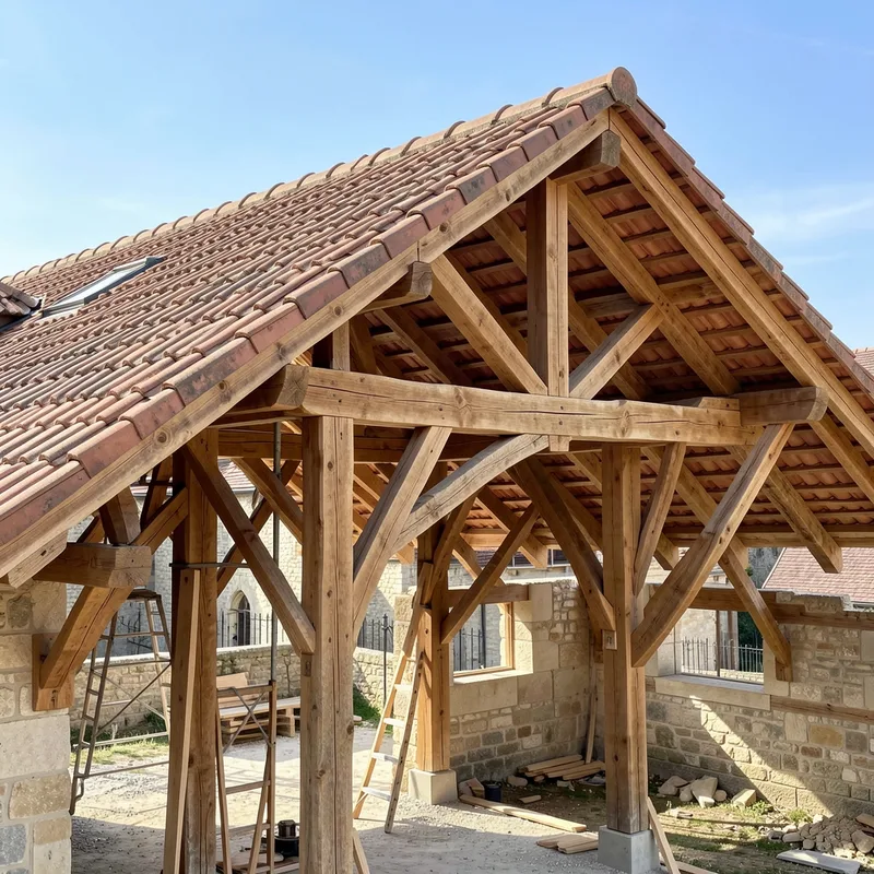 Levage d&rsquo;une ferme de charpente traditionnelle sur un chantier du Rhône