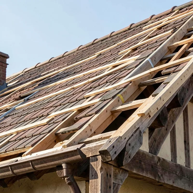 Couvreur remplaçant des tuiles sur une toiture en rénovation à Lyon